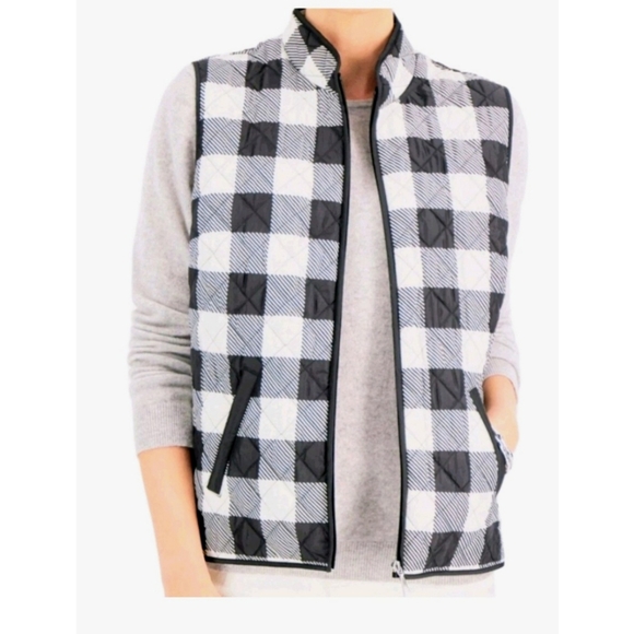 Karen Scott Plaid Puffer Vest Size XL Gray Black White Zip Up Hiking Outdoors - Picture 1 of 9